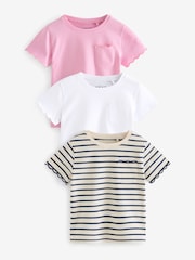 Rosa/Weiß/Streifen - 100% Baumwoll-T-Shirts mit kurzen Ärmeln und Bogenkanten im 3er-Pack (3Monate bis7Jahre) - Bild 1 von 6