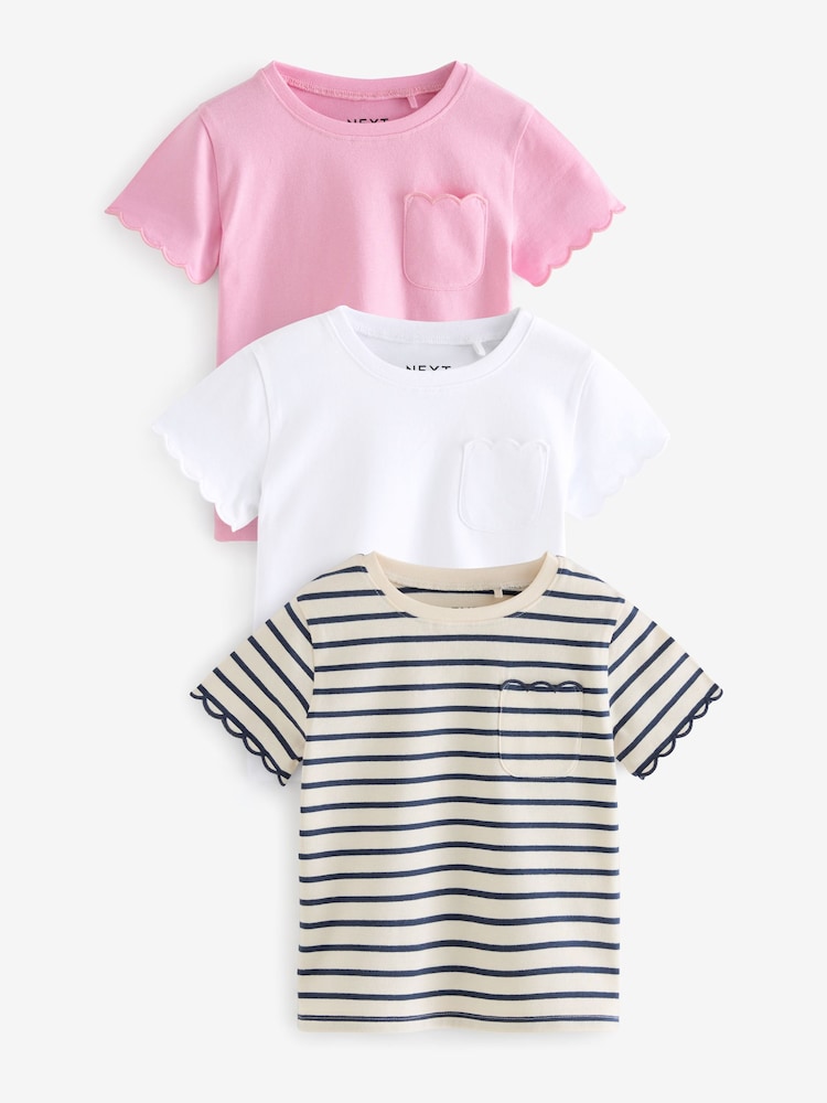 Rosa/Weiß/Streifen - 100% Baumwoll-T-Shirts mit kurzen Ärmeln und Bogenkanten im 3er-Pack (3Monate bis7Jahre) - Bild 1 von 6