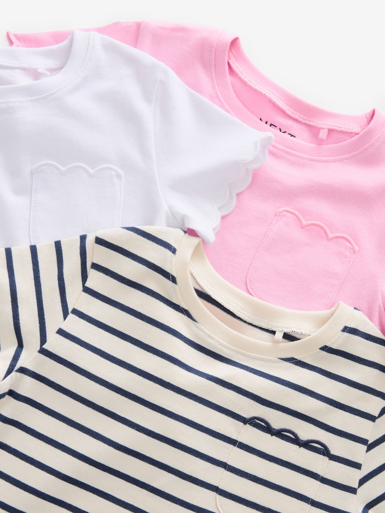 Rosa/Weiß/Streifen - 100% Baumwoll-T-Shirts mit kurzen Ärmeln und Bogenkanten im 3er-Pack (3Monate bis7Jahre) - Bild 2 von 6