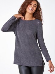 Roman Grey Sparkle Cowl Back Detail Stretch Tunic Top - Image 1 of 5
