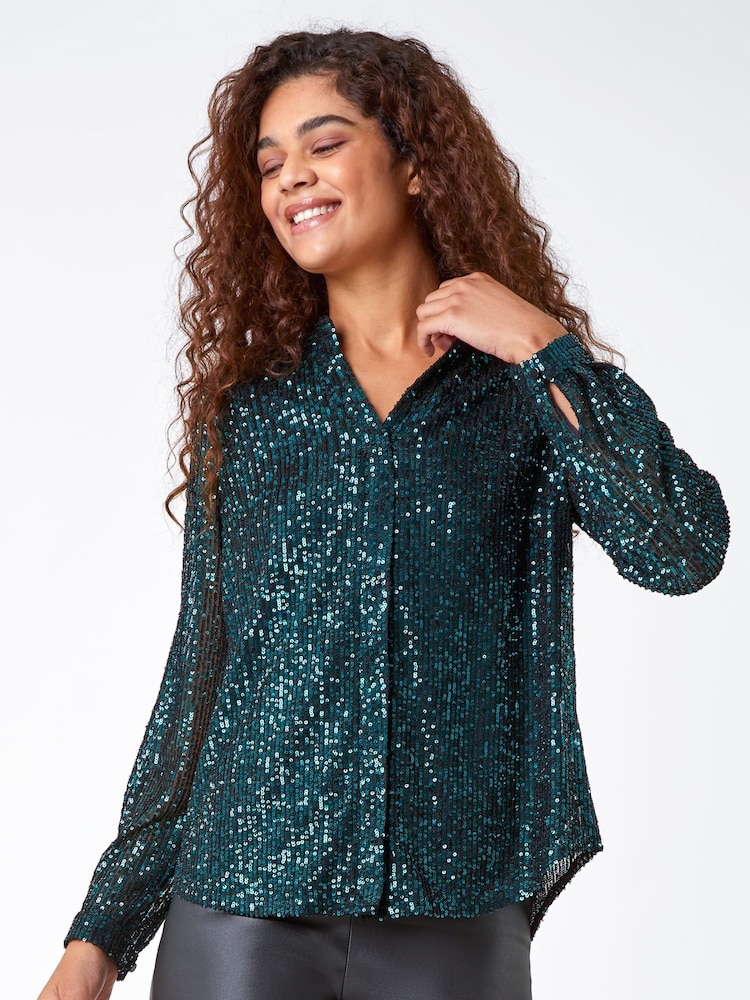 Roman Green Sequin Sparkle Stretch Jersey Blouse - Image 1 of 5