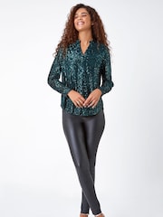 Roman Green Sequin Sparkle Stretch Jersey Blouse - Image 2 of 5