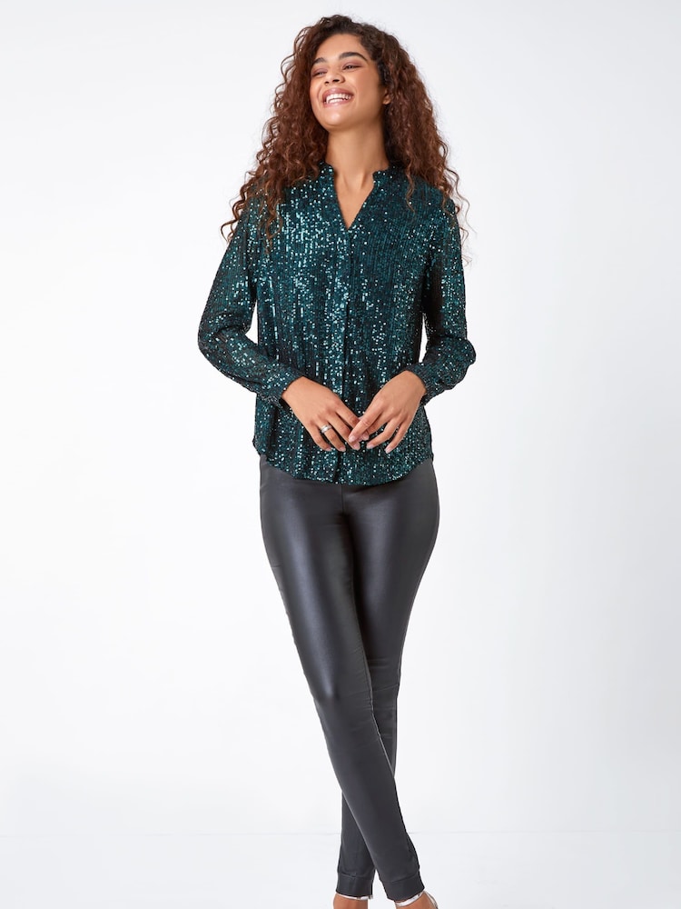 Roman Green Sequin Sparkle Stretch Jersey Blouse - Image 2 of 5 Roman Green Sequin Sparkle Stretch Jersey Blouse - Image 2 of 5