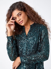 Roman Green Sequin Sparkle Stretch Jersey Blouse - Image 4 of 5