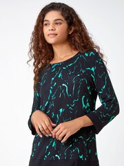 Roman Green Marble Print Contrast Hem Stretch Top - Image 1 of 5