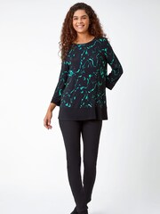 Roman Green Marble Print Contrast Hem Stretch Top - Image 2 of 5
