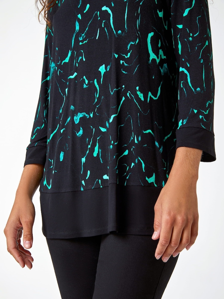 Roman Green Marble Print Contrast Hem Stretch Top - Image 5 of 5