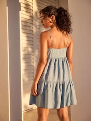 Denim Blue Tiered Mini Summer Dress - Image 4 of 7