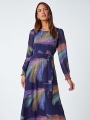 Roman Purple Feather Print Fit & Flare Midi Dress - Image 1 of 5