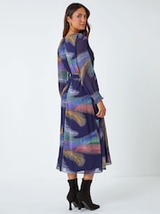 Roman Purple Feather Print Fit & Flare Midi Dress - Image 2 of 5