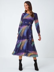 Roman Purple Feather Print Fit & Flare Midi Dress - Image 3 of 5