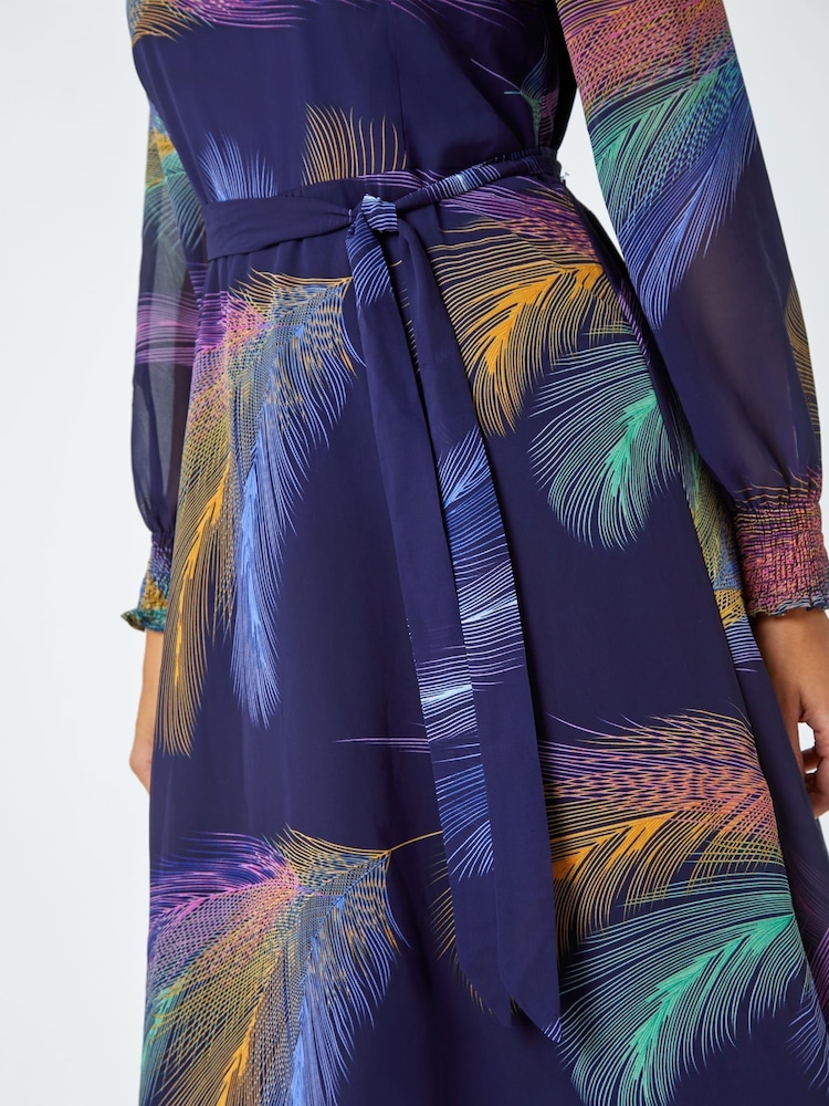 Roman Purple Feather Print Fit & Flare Midi Dress - Image 5 of 5