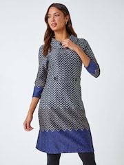 Roman Blue Zig Zag Cowl Neck Stretch Dress - Image 1 of 5