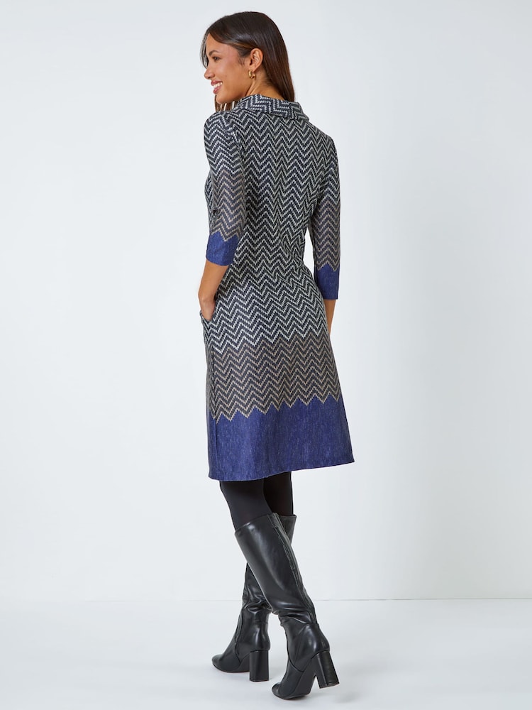 Roman Blue Zig Zag Cowl Neck Stretch Dress - Image 2 of 5