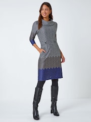 Roman Blue Zig Zag Cowl Neck Stretch Dress - Image 3 of 5