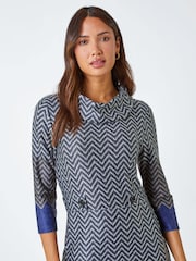Roman Blue Zig Zag Cowl Neck Stretch Dress - Image 4 of 5