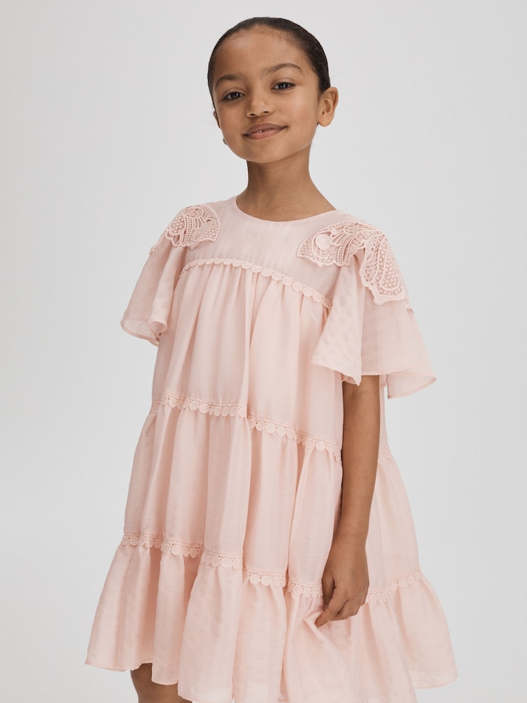 Reiss Pink Leonie 9-13 yrs Tiered Embroidered Dress - Image 1 of 6