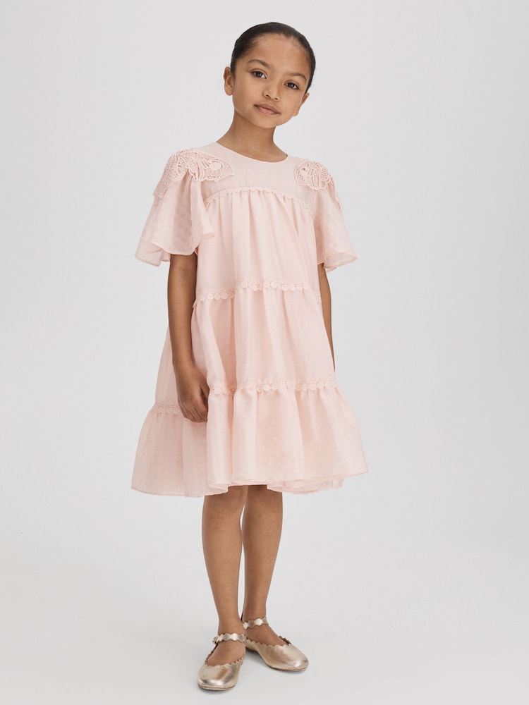 Reiss Pink Leonie 4-9 yrs Tiered Embroidered Dress - Image 1 of 6