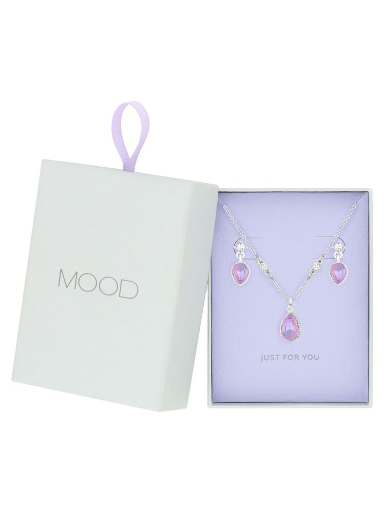 Mood Silver Aurora Borealis Pear Drop Pendant Necklace And Earring Gift Boxed Set - Image 1 of 4