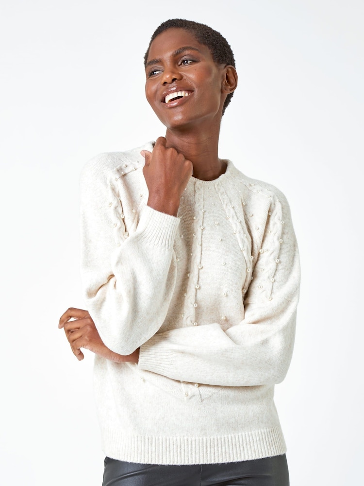 Roman Natural Pearl Embellished Cable Knit Jumper - Image 1 of 5