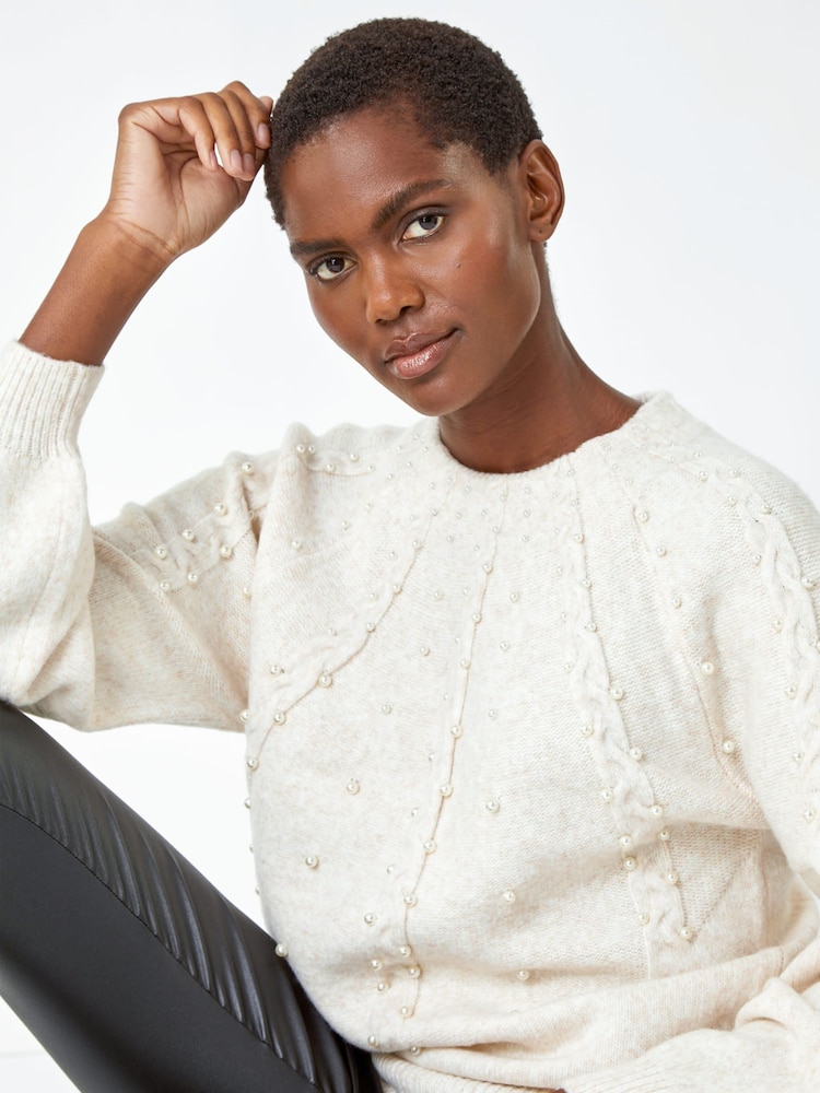 Roman Natural Pearl Embellished Cable Knit Jumper - Image 4 of 5