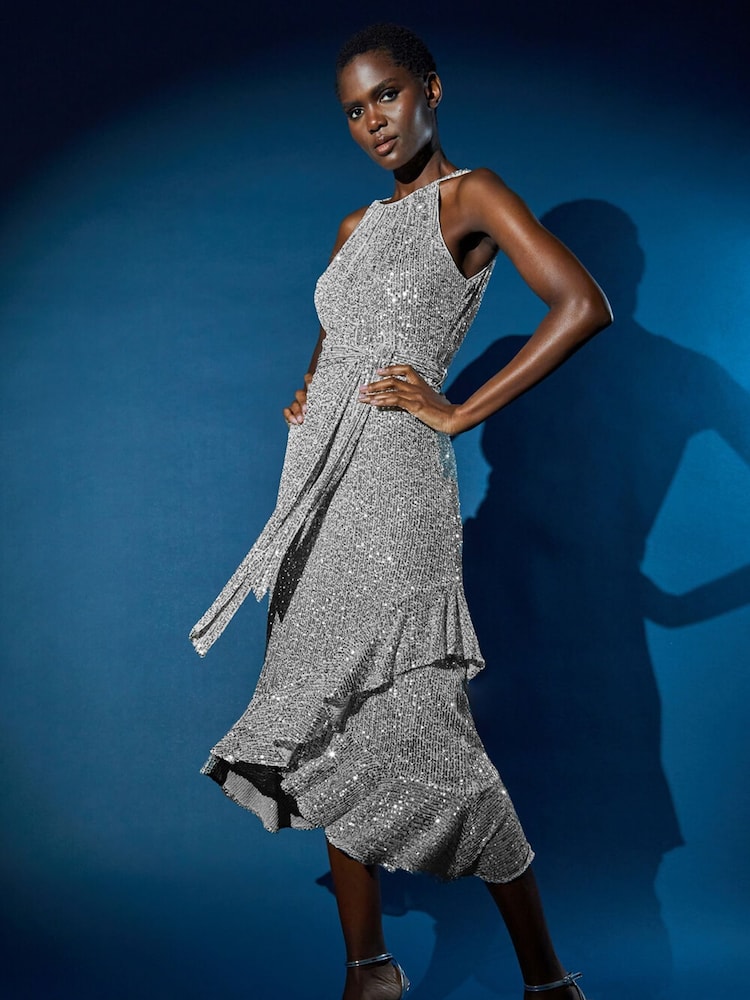 Roman Metallic Halter Neck Sequin Midi Stretch Dress - Image 2 of 5
