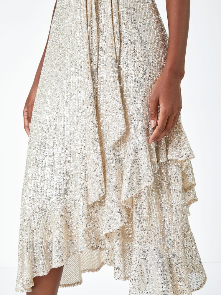 Roman Metallic Halter Neck Sequin Midi Stretch Dress - Image 5 of 5