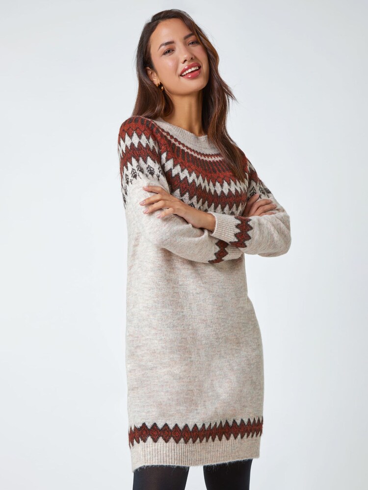 Roman Brown Soft Knit Fairisle Pattern Jumper Dress - Image 1 of 5
