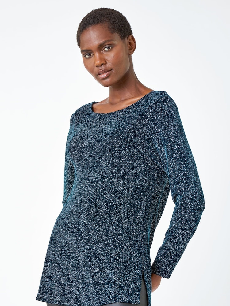 Roman Blue Sparkle Cowl Back Detail Stretch Top - Image 1 of 5