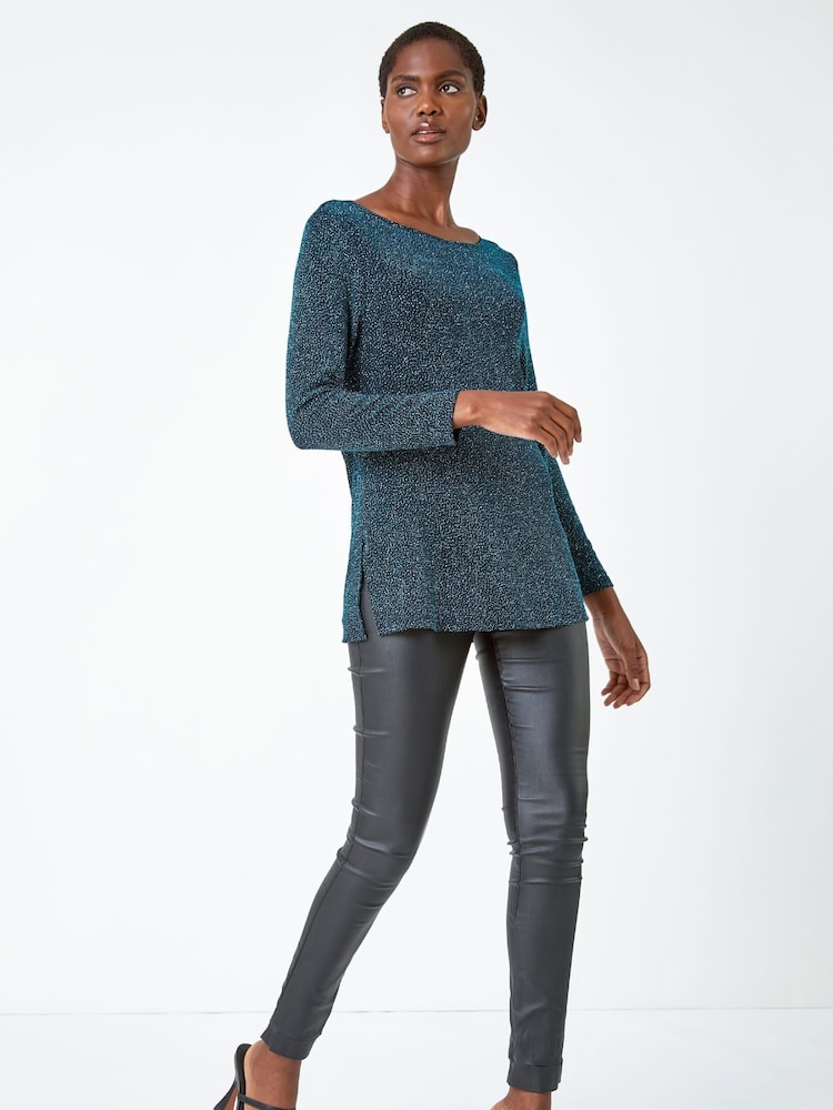 Roman Blue Sparkle Cowl Back Detail Stretch Top - Image 2 of 5