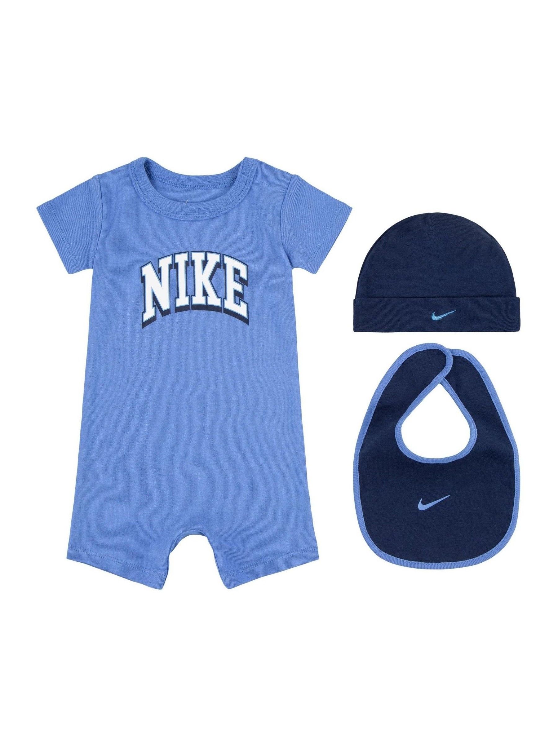 Blue Nike Baby Hat Romper and Bib 3 Piece Set