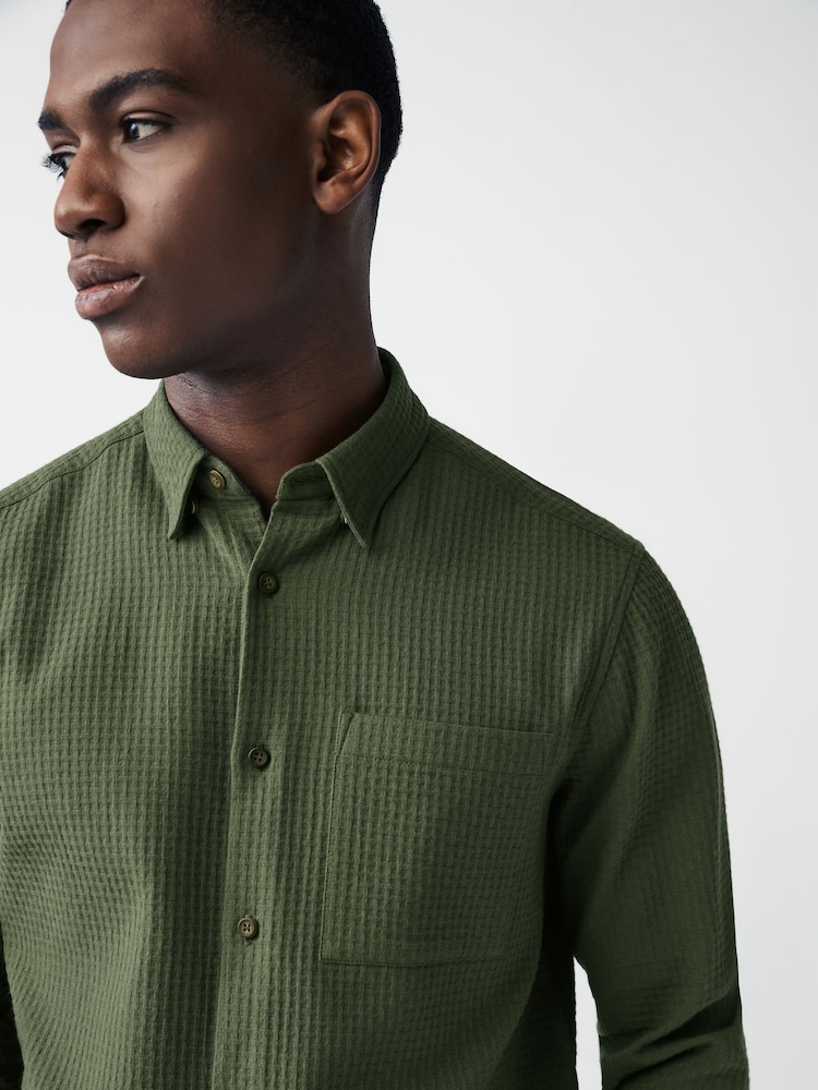 Green 100% Cotton Textured Waffle Long Sleeve Shirt - Image 1 of 9