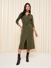 Friends Like These Green Khaki Petite Belted Textured Long Sleeve Midi Shirt Dress - Image 1 of 4