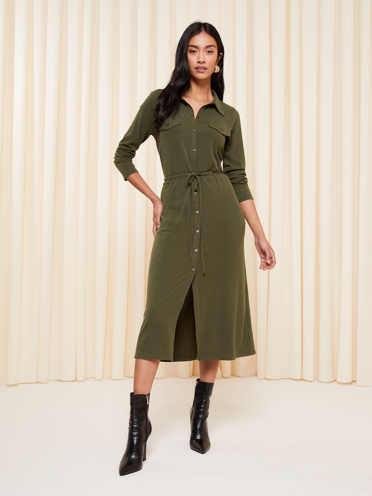 Friends Like These Green Khaki Petite Belted Textured Long Sleeve Midi Shirt Dress - Image 1 of 4