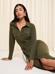 Friends Like These Green Khaki Petite Belted Textured Long Sleeve Midi Shirt Dress - Image 2 of 4