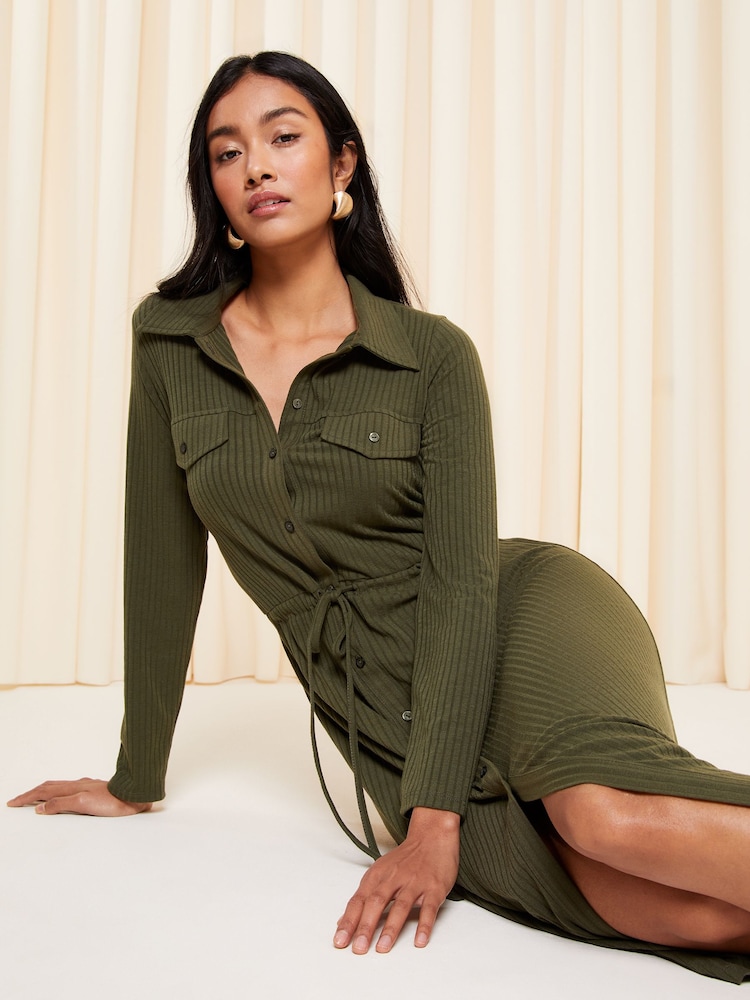 Friends Like These Green Khaki Petite Belted Textured Long Sleeve Midi Shirt Dress - Image 2 of 4