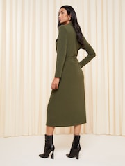 Friends Like These Green Khaki Petite Belted Textured Long Sleeve Midi Shirt Dress - Image 4 of 4