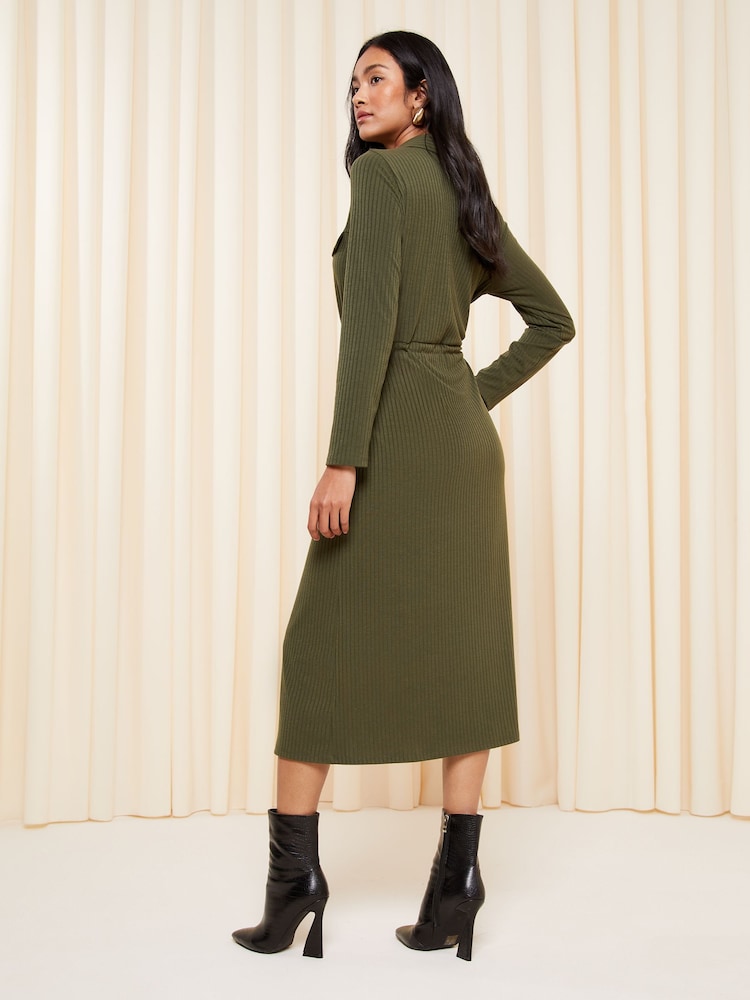 Friends Like These Green Khaki Petite Belted Textured Long Sleeve Midi Shirt Dress - Image 4 of 4