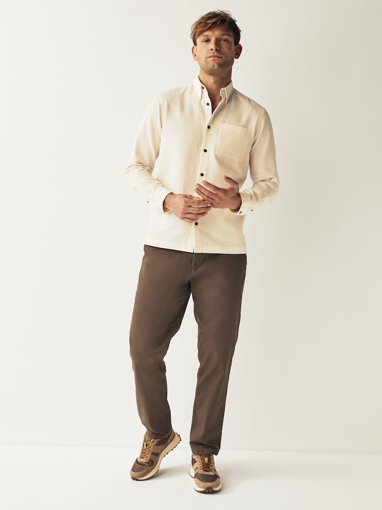 Ecru Cream 100% Cotton Textured Waffle Long Sleeve Shirt - Image 2 of 8