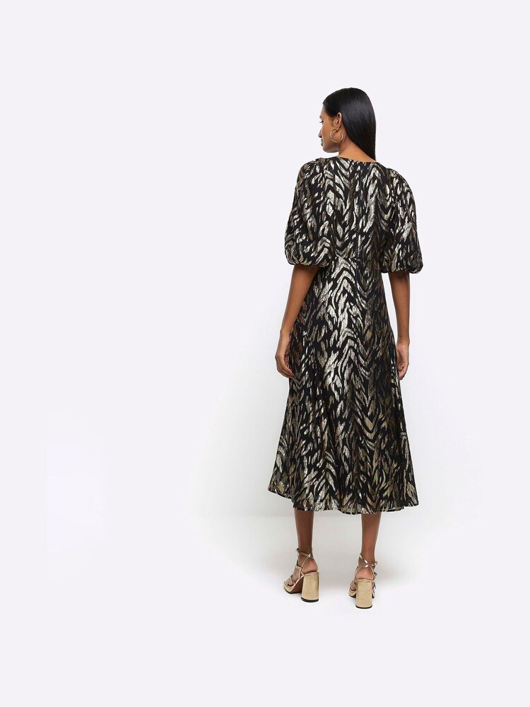 River Island Black 100% Cotton Animal Print Tent Midi Dress - Image 2 of 6