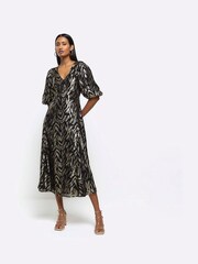 River Island Black 100% Cotton Animal Print Tent Midi Dress - Image 3 of 6