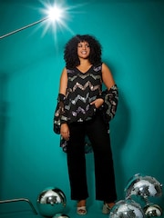 Roman Black Curve Sequin Zig Zag Cami Top - Image 1 of 5