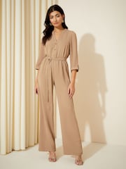Friends Like These Stone Cream 3/4 Sleeve Belted Woven Wide Leg Jumpsuit - Image 1 of 4