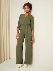 Friends Like These Khaki Green 3/4 Sleeve Belted Woven Wide Leg Jumpsuit - Image 1 of 4