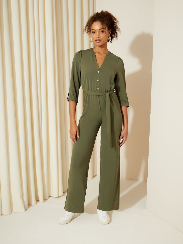 Friends Like These Khaki Green 3/4 Sleeve Belted Woven Wide Leg Jumpsuit - Image 3 of 4