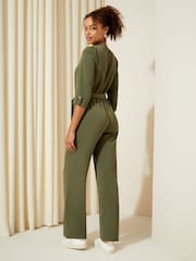 Friends Like These Khaki Green 3/4 Sleeve Belted Woven Wide Leg Jumpsuit - Image 4 of 4