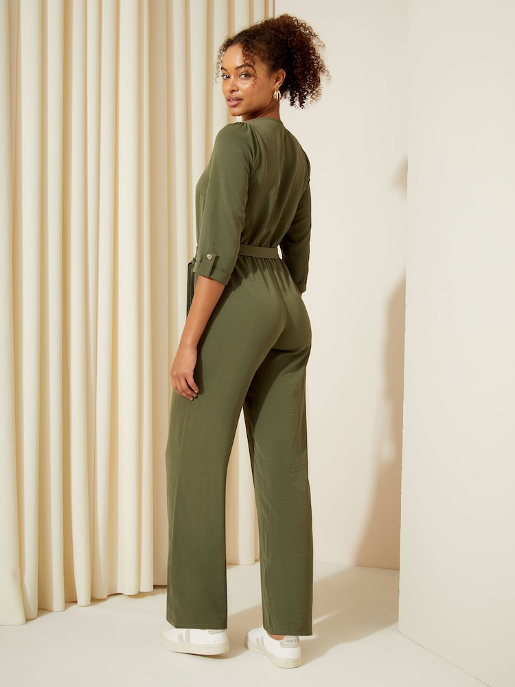 Friends Like These Khaki Green 3/4 Sleeve Belted Woven Wide Leg Jumpsuit - Image 4 of 4