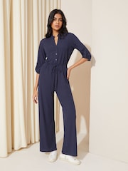 Friends Like These Navy Blue Jersey Long Sleeve Cinched Waist Jumpsuit - Image 1 of 4