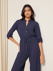 Friends Like These Navy Blue Jersey Long Sleeve Cinched Waist Jumpsuit - Image 2 of 4