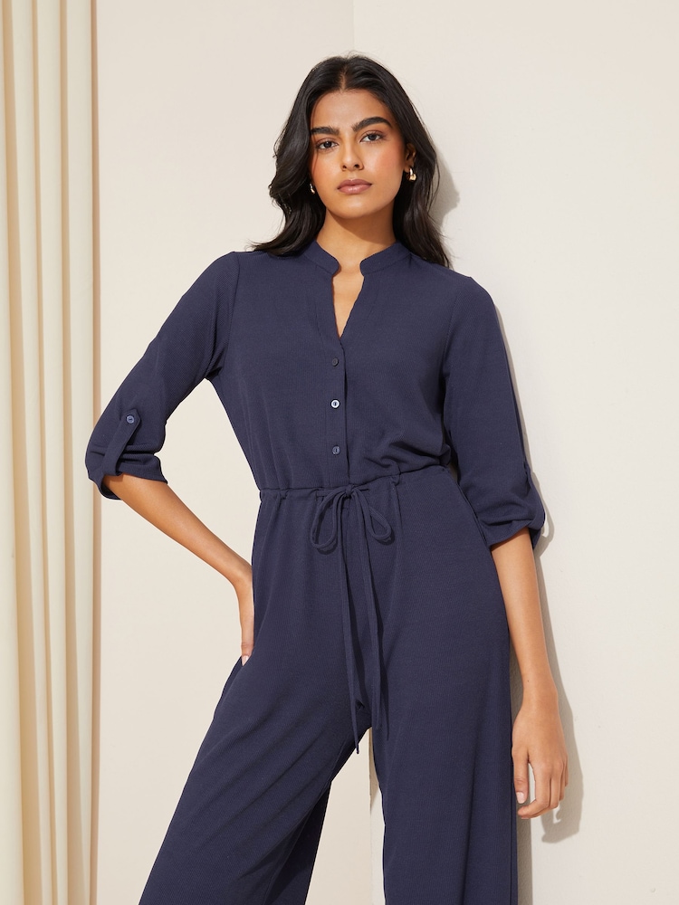 Friends Like These Navy Blue Jersey Long Sleeve Cinched Waist Jumpsuit - Image 2 of 4